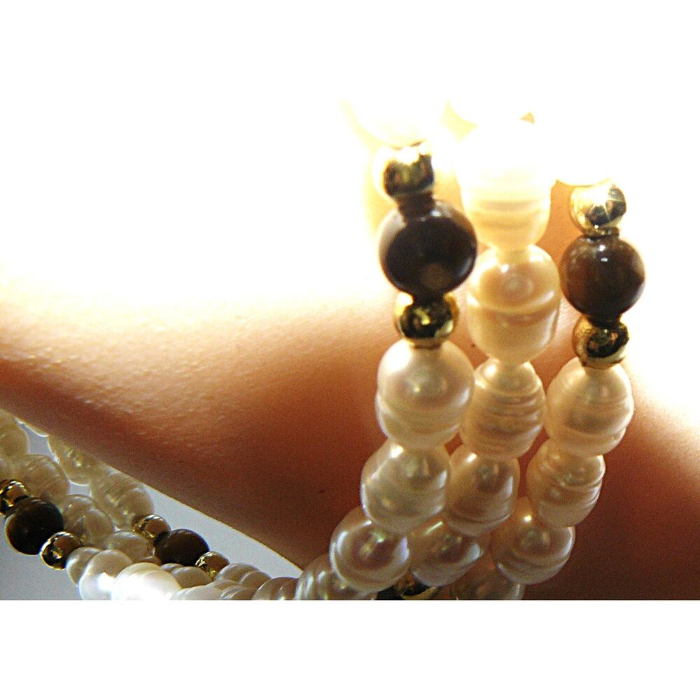 2 Freshwater Pearl Coil Wrap Bracelets Gold-Tone Red & Tiger Eye Beads - Picture 9 of 11